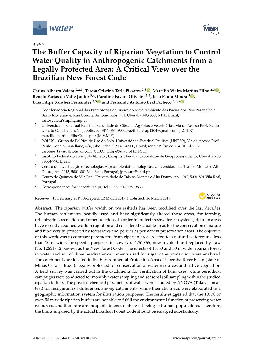 The Buffer Capacity of Riparian Vegetation to Control Water Quality