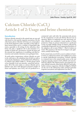 Calcium Chloride (Cacl2) Article 1 of 2: Usage and Brine Chemistry