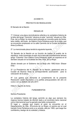 Colocar Una Placa Reivindicatoria Referida a La Verdadera Historia De La Letra Del Tango “Caminito” (Alusiva Al Solar “Caminito” Situado En Olta, Pcia