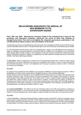Mecachrome Announces the Arrival of New Members to Its Supervisory Board
