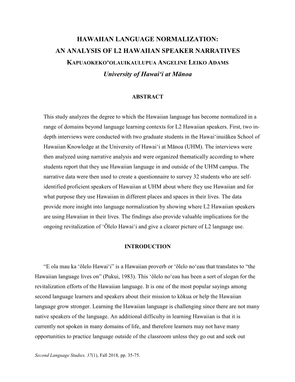 Hawaiian Language Normalization: an Analysis of L2 Hawaiian Speaker Narratives