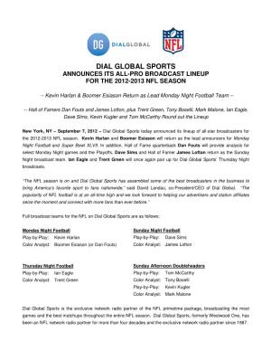 Dial Global Sports Announces Its All-Pro Broadcast Lineup for the 2012-2013 Nfl Season
