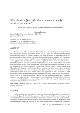 Was There a Querelle Des Femmes in Early Modern Medicine?