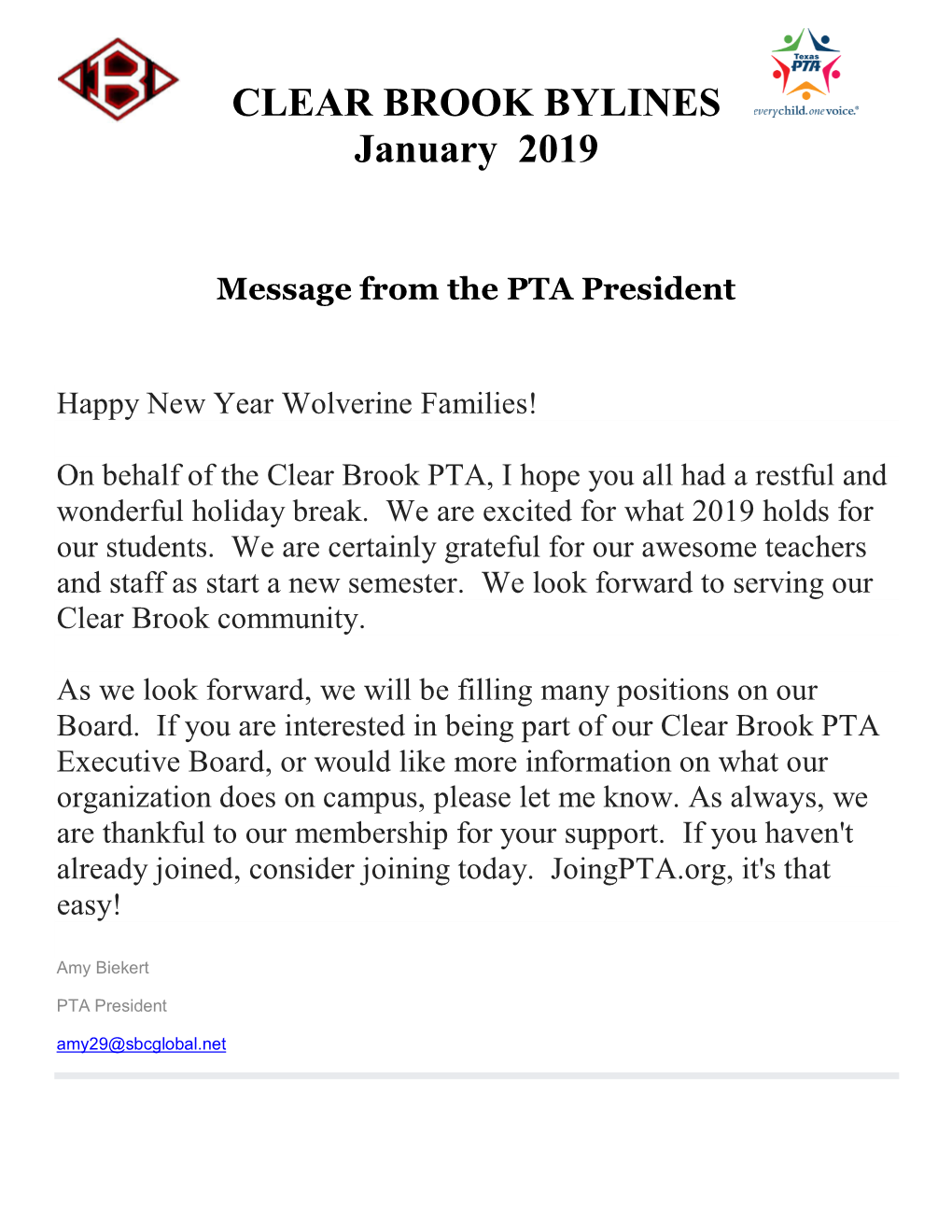 CLEAR BROOK BYLINES January 2019