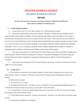 Suwanee Baseball League Division Baseball Rules Minor