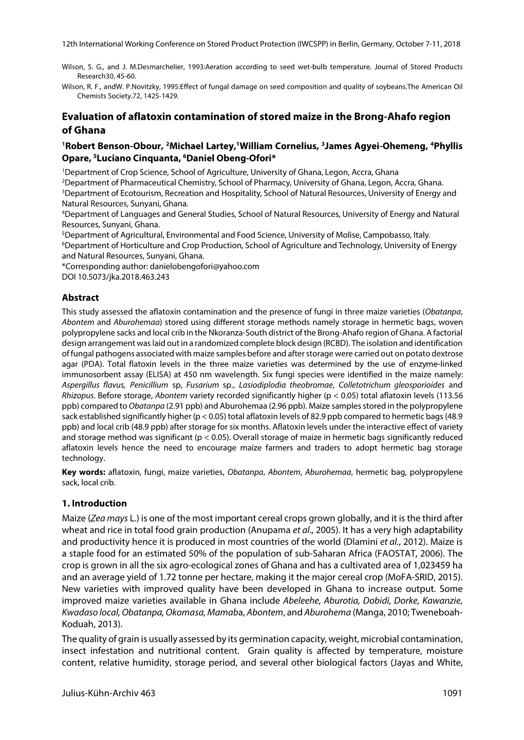 Evaluation of Aflatoxin Contamination of Stored Maize in the Brong-Ahafo