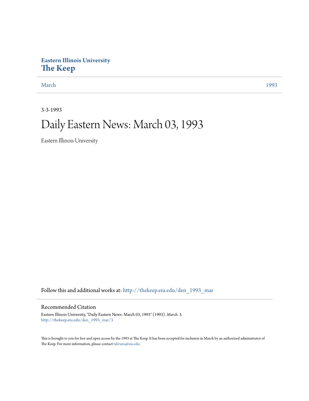 Daily Eastern News: March 03, 1993 Eastern Illinois University