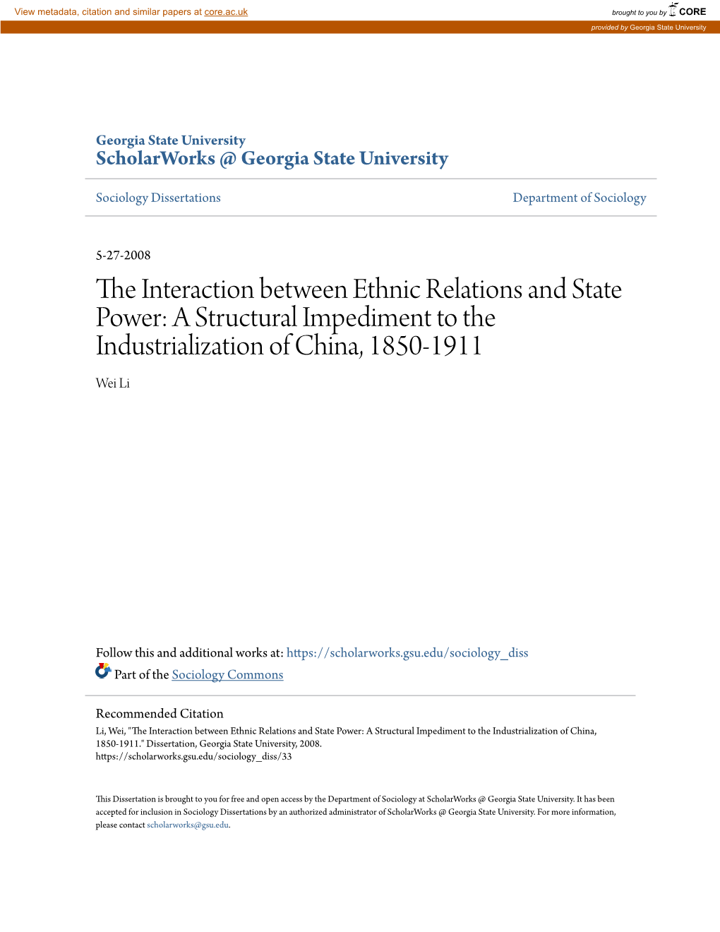 The Interaction Between Ethnic Relations and State Power: a Structural Impediment to the Industrialization of China, 1850-1911