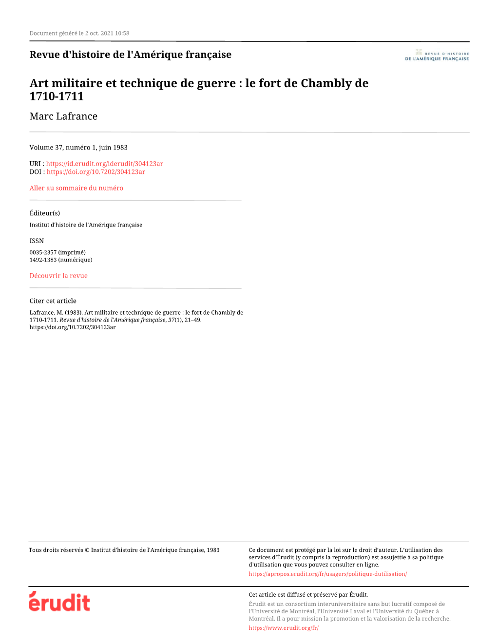 Art Militaire Et Technique De Guerre : Le Fort De Chambly De 1710-1711 Marc Lafrance