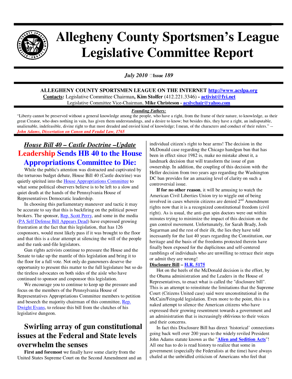 Allegheny County Sportsmen's League Legislative Committee Report