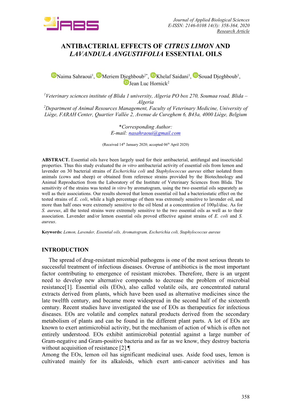 Antibacterial Effects of Citrus Limon and Lavandula Angustifolia Essential Oils