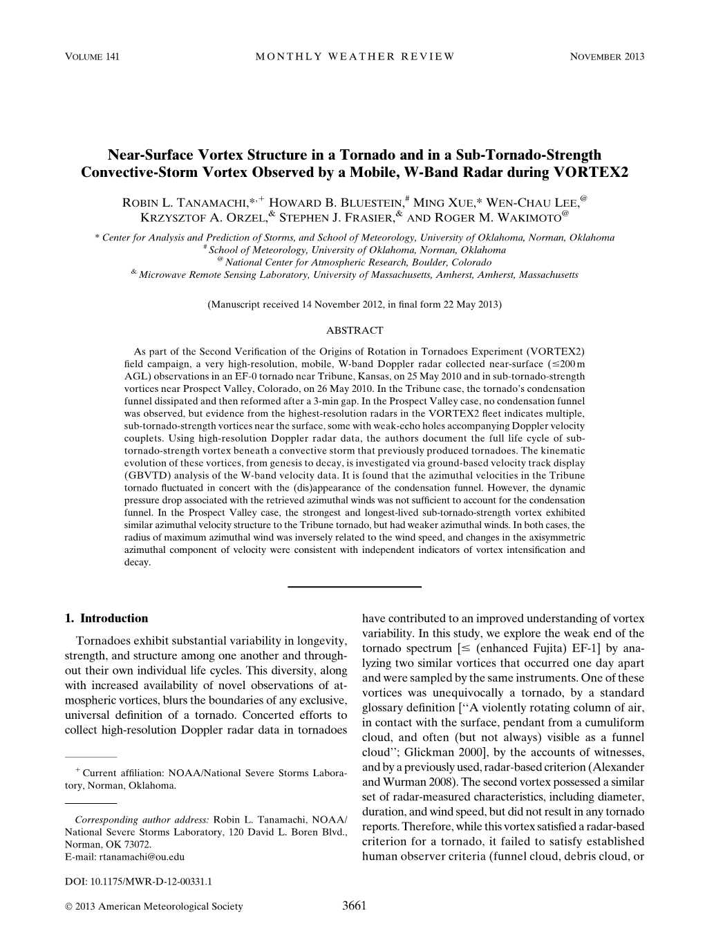 Near-Surface Vortex Structure in a Tornado and in a Sub-Tornado-Strength Convective-Storm Vortex Observed by a Mobile, W-Band Radar During VORTEX2