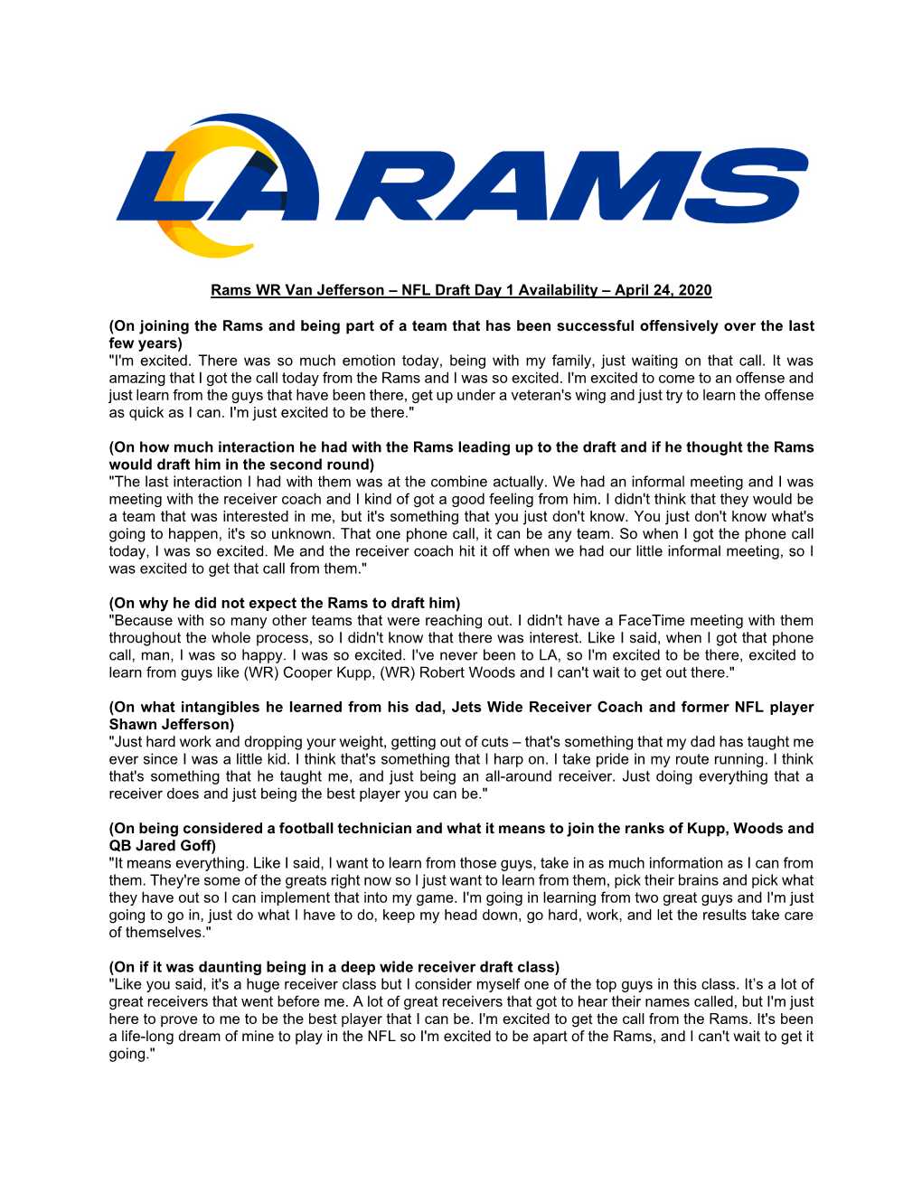 Rams WR Van Jefferson – NFL Draft Day 1 Availability – April 24, 2020
