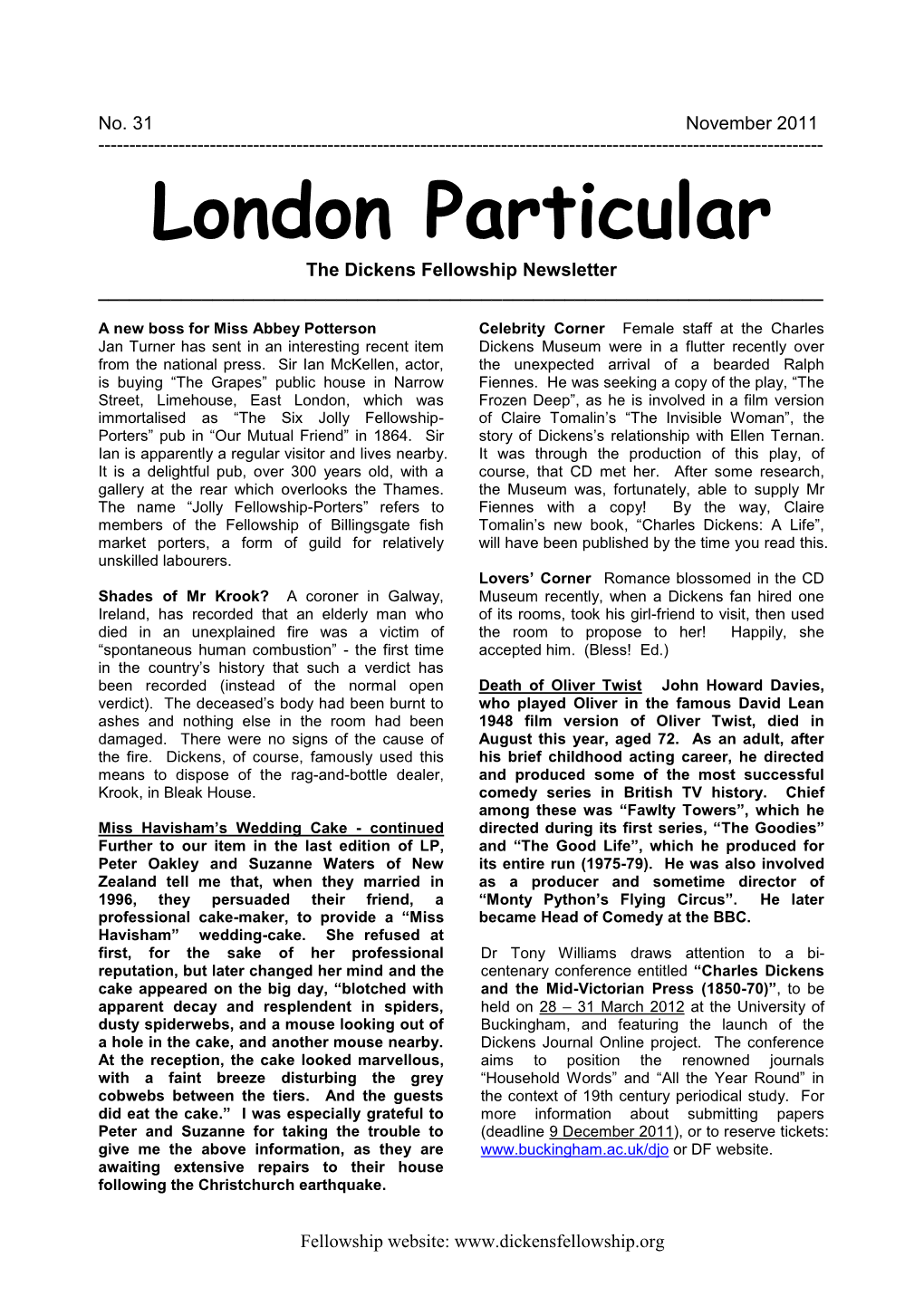 November 2011 ------London Particular the Dickens Fellowship Newsletter ______