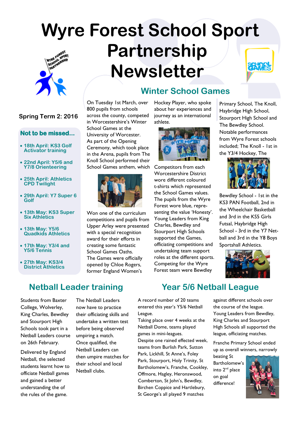 Wyre Forest School Sport Partnership Newsletter Winter School Games