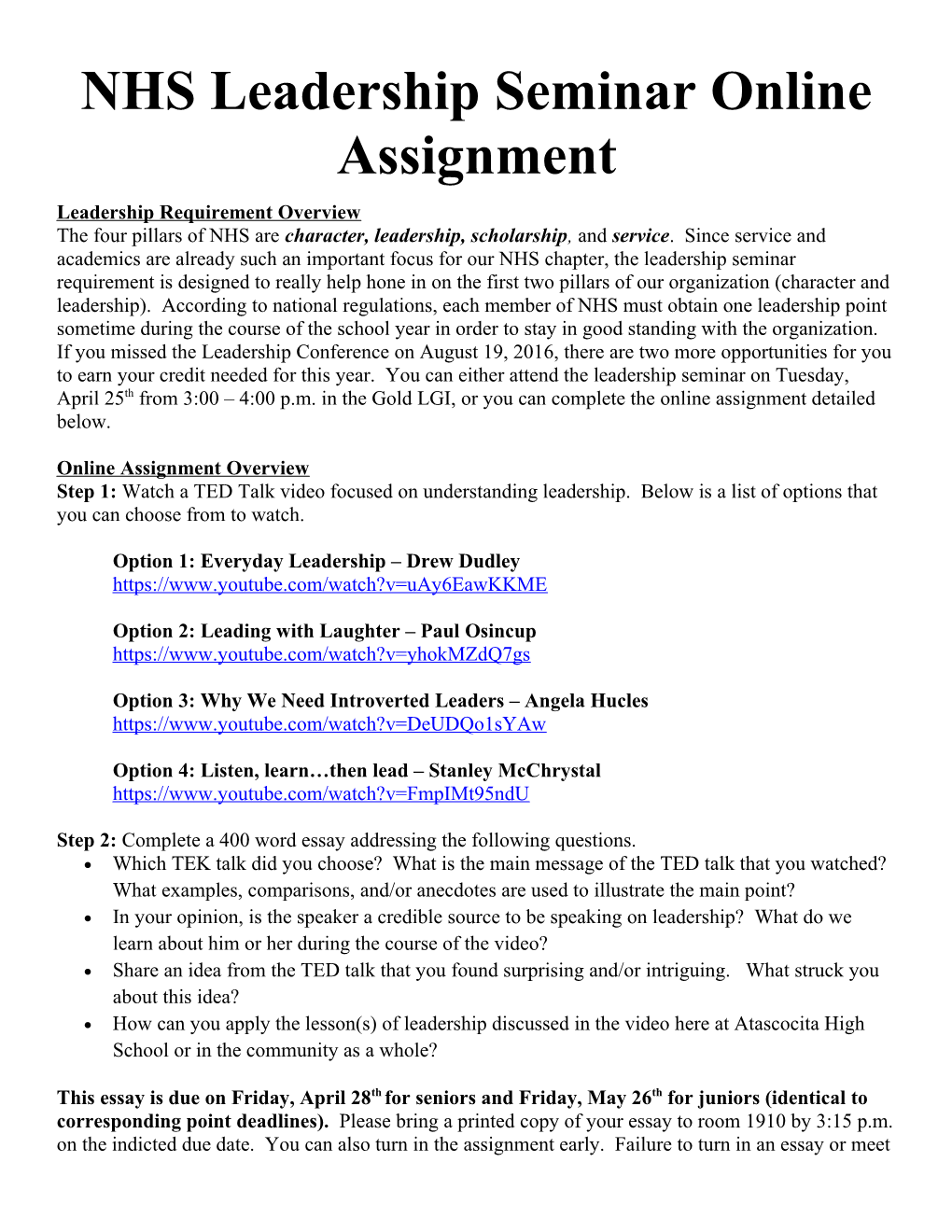 NHS Leadership Seminar Online Assignment