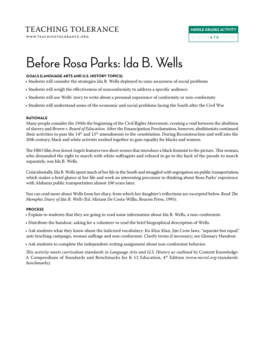 Before Rosa Parks: Ida B. Wells Goals (Language Arts and U.S