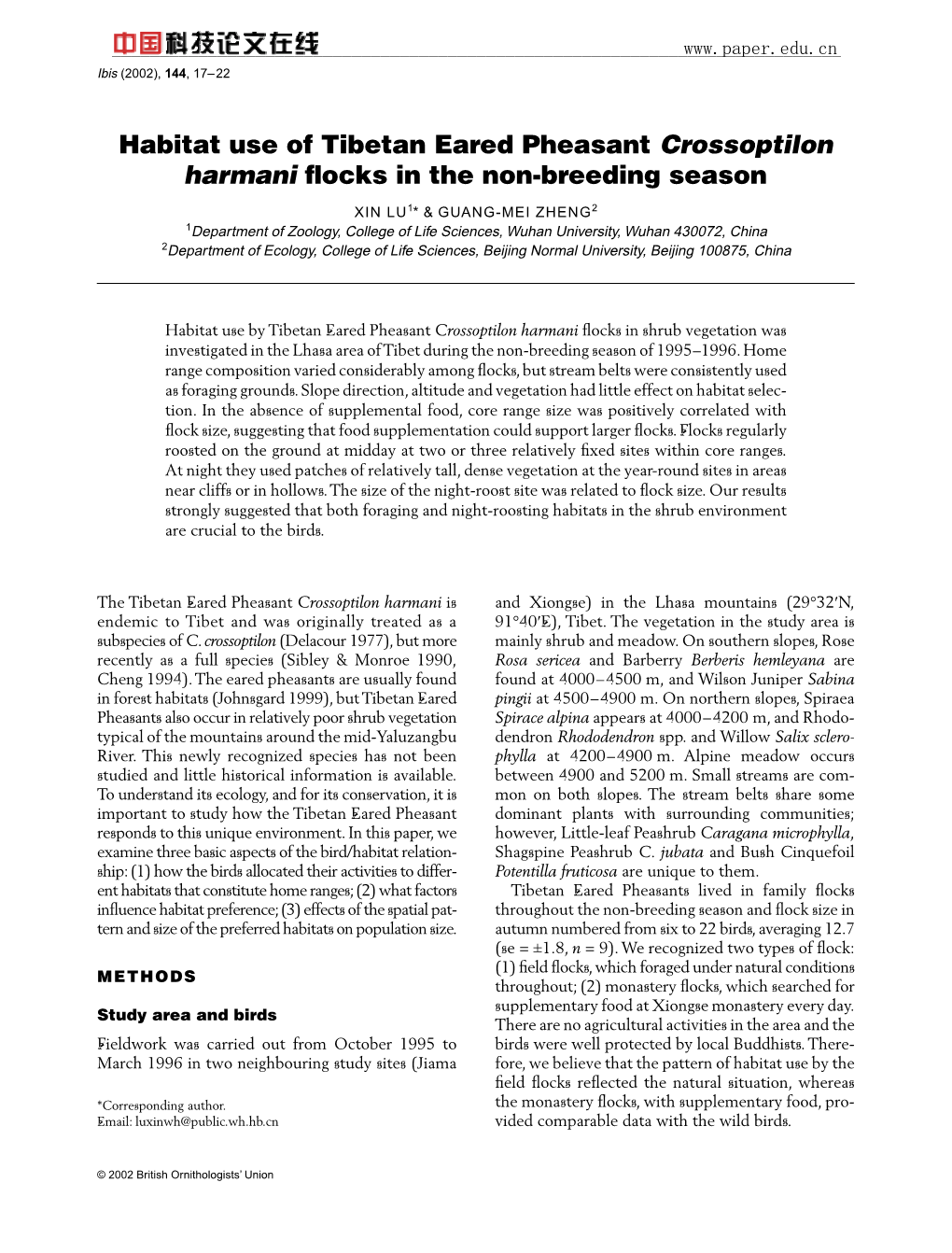 Habitat Use of Tibetan Eared Pheasant Crossoptilon Harmani