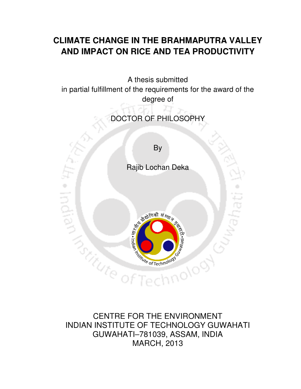 Climate Change in the Brahmaputra Valley and Impact on Rice and Tea Productivity