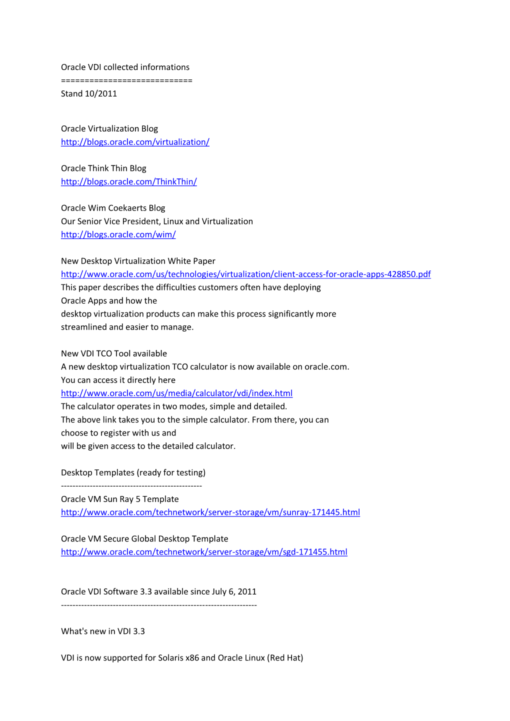 Oracle VDI Collected Informations ======Stand 10/2011
