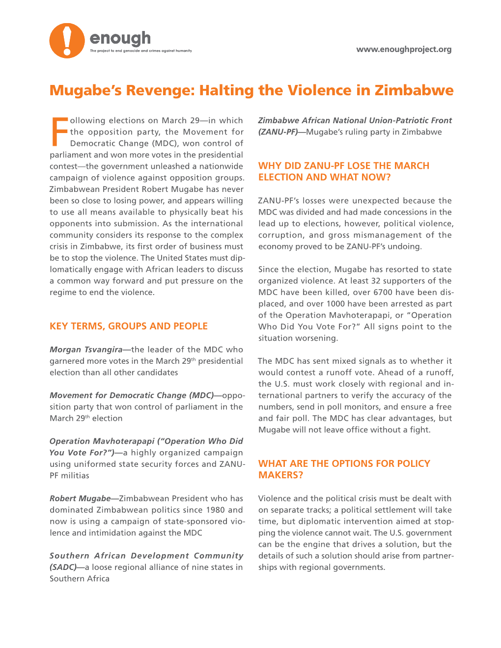 Mugabe's Revenge: Halting the Violence in Zimbabwe