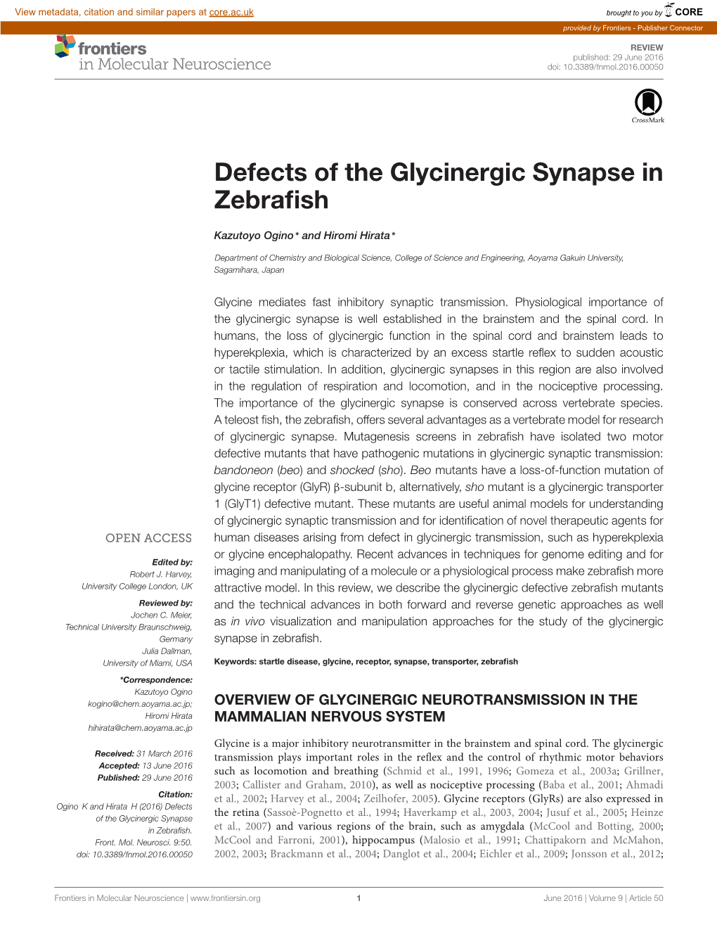 Defects of the Glycinergic Synapse in Zebrafish