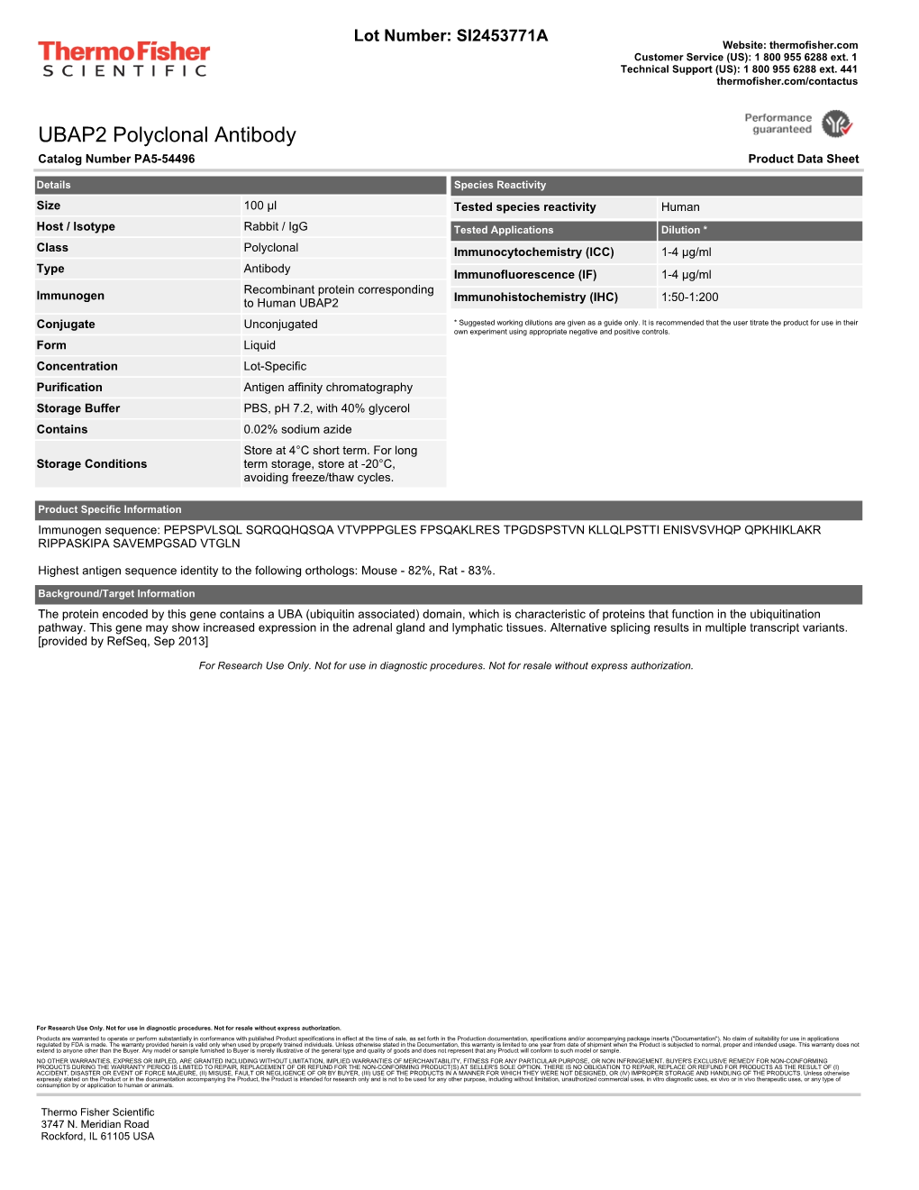 UBAP2 Polyclonal Antibody Catalog Number PA5-54496 Product Data Sheet