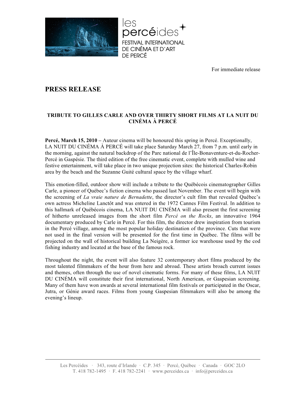 Pressrelease-La Nuit Du Cinema a Perce-27Mars2010