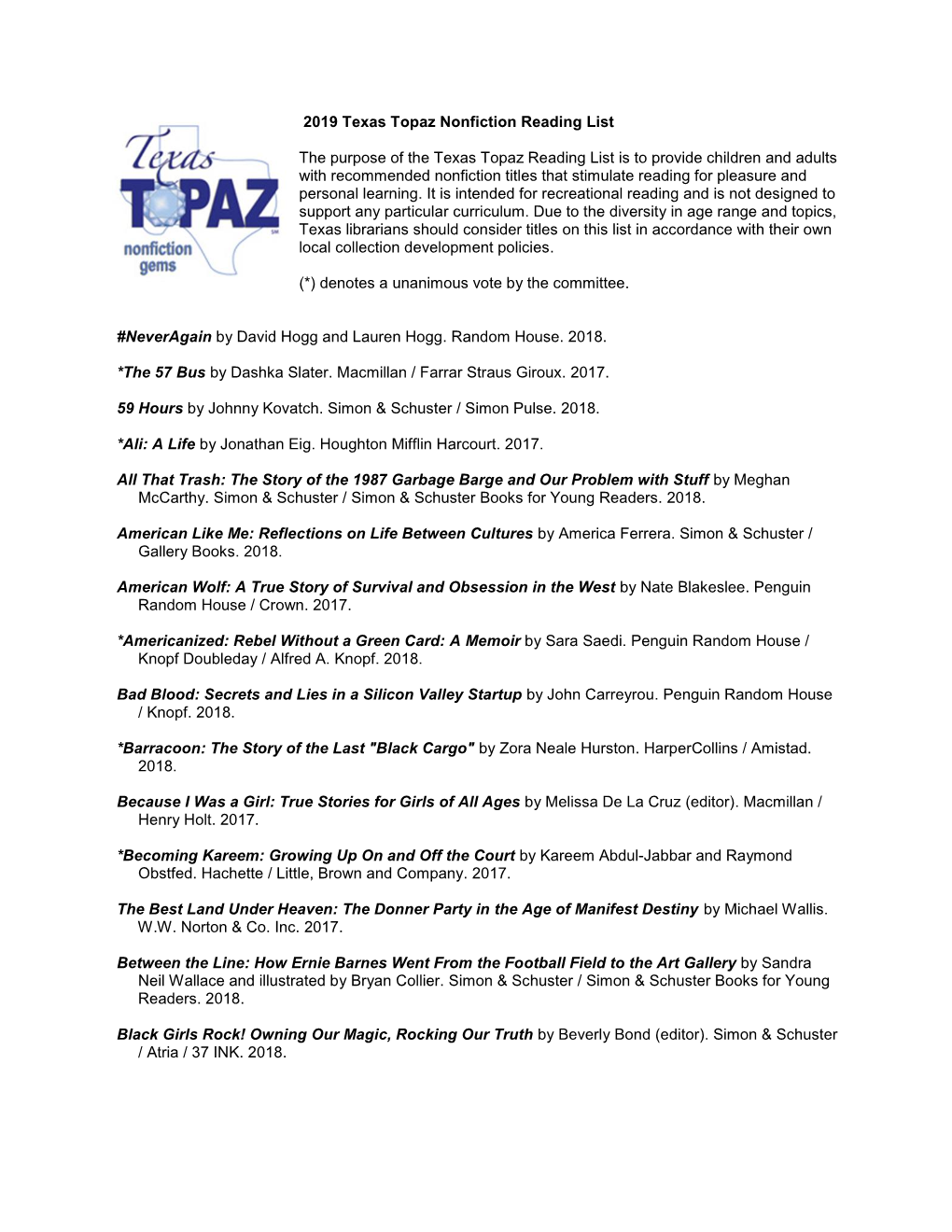 Texas Topaz Nonfiction Reading List 2019
