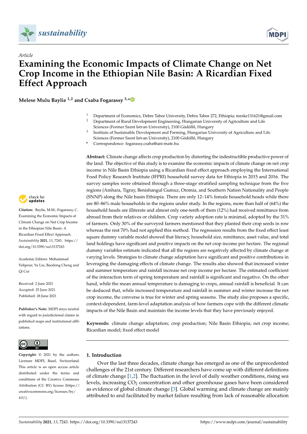 Examining the Economic Impacts of Climate Change on Net Crop Income in the Ethiopian Nile Basin: a Ricardian Fixed Effect Approach