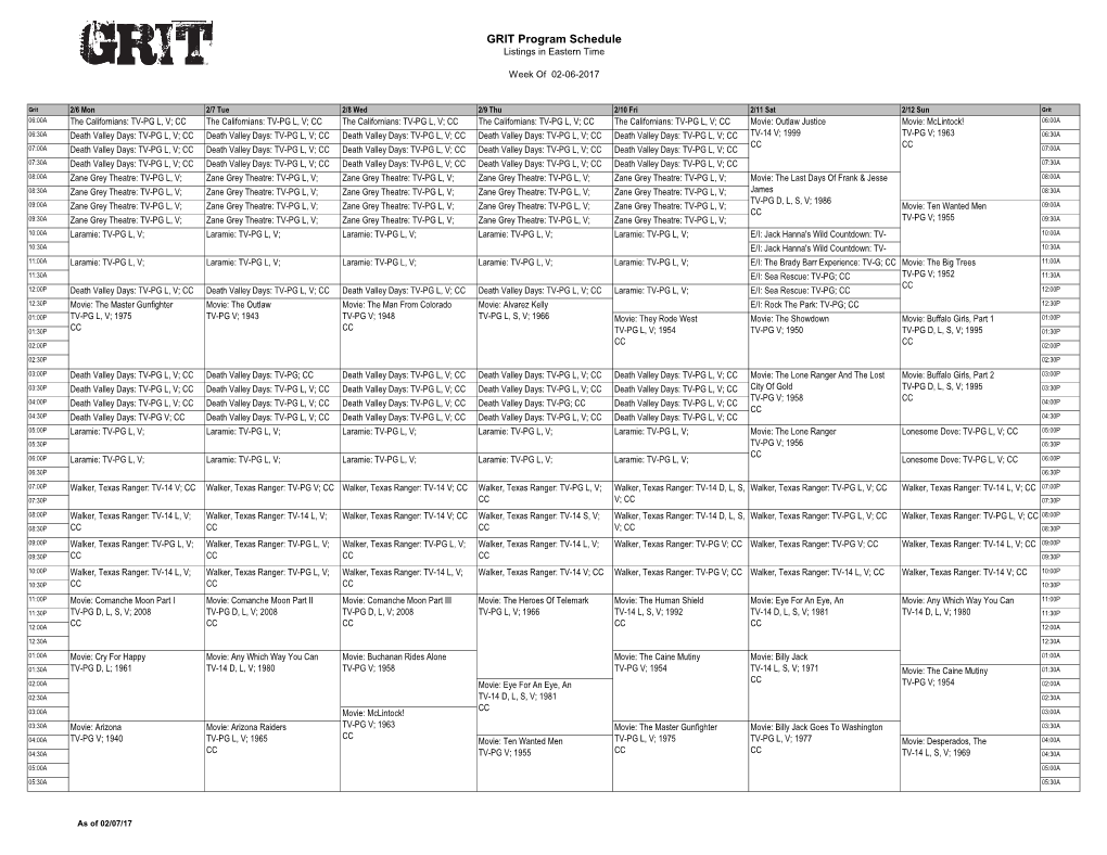 GRIT Program Schedule Listings in Eastern Time