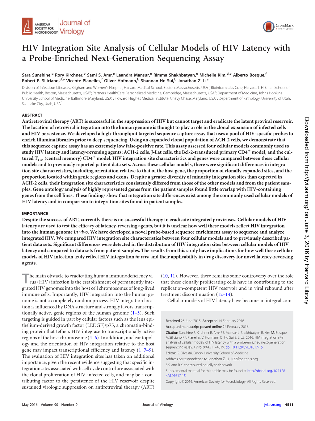 HIV Integration Site Analysis of Cellular Models of HIV Latency with a Probe-Enriched Next-Generation Sequencing Assay