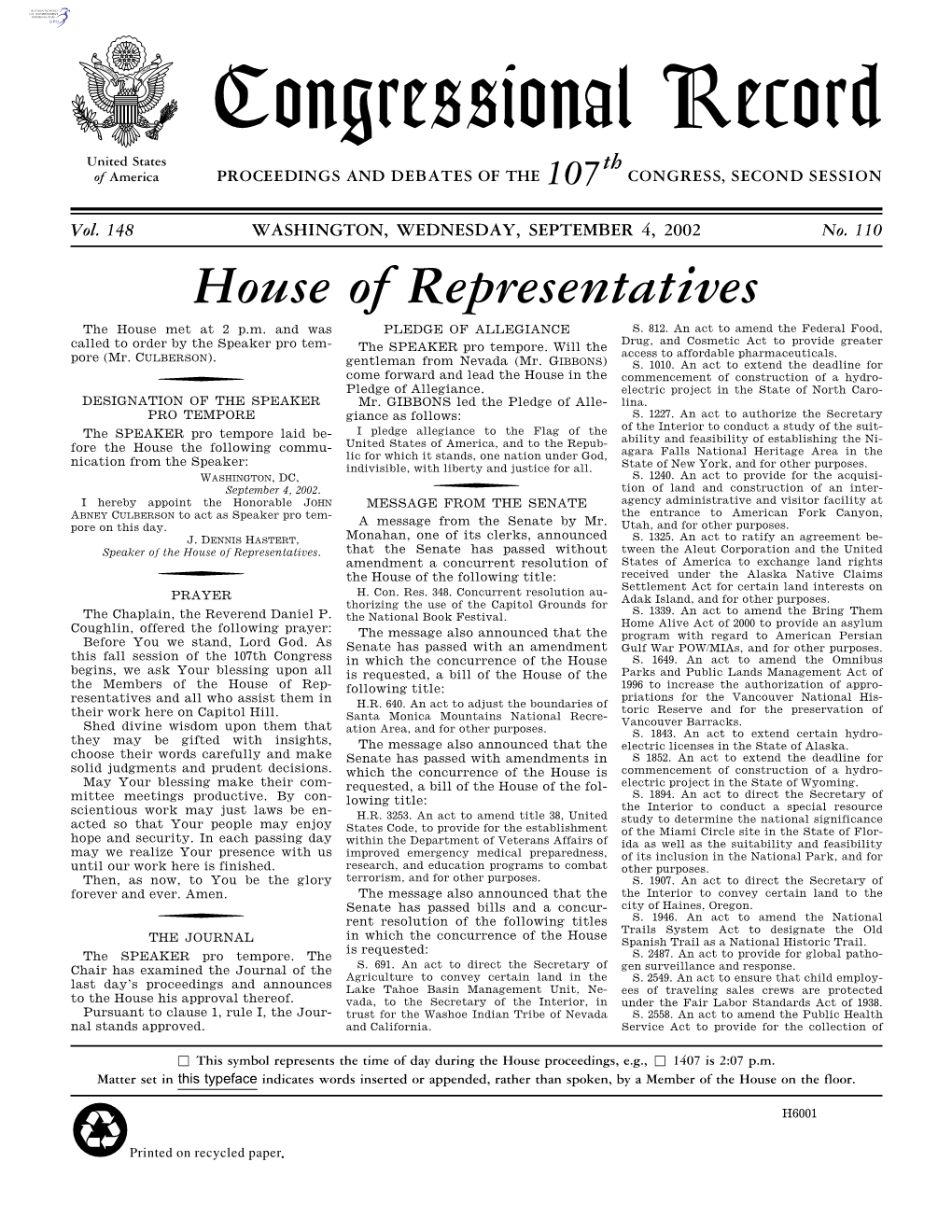 Congressional Record United States Th of America PROCEEDINGS and DEBATES of the 107 CONGRESS, SECOND SESSION