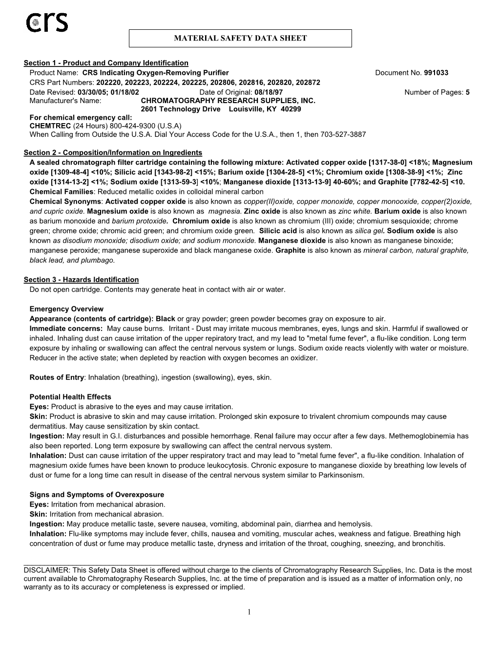 Material Safety Data Sheet