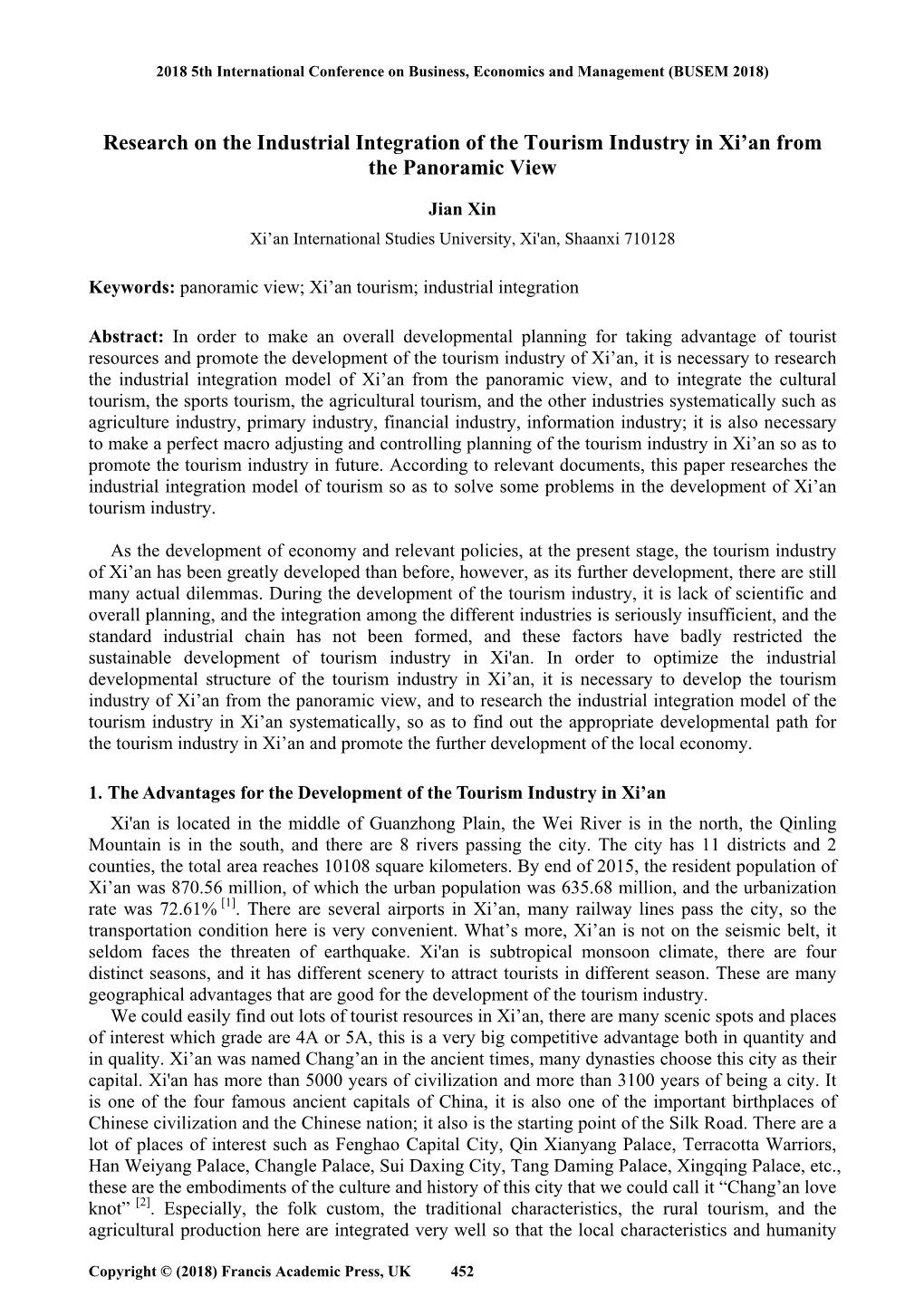 Research on the Industrial Integration of the Tourism Industry in Xi'an from the Panoramic View