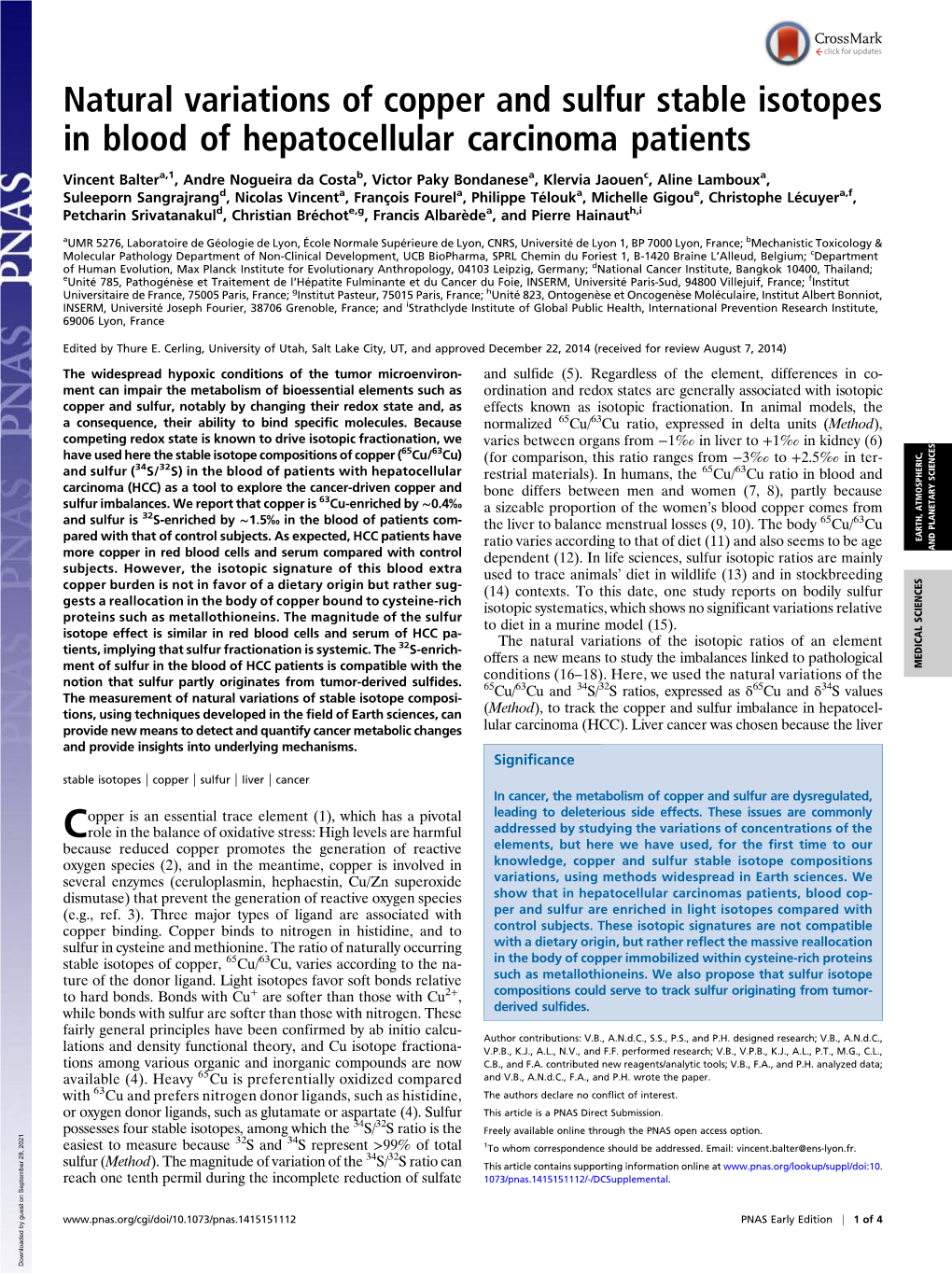 Natural Variations of Copper and Sulfur Stable Isotopes in Blood of Hepatocellular Carcinoma Patients