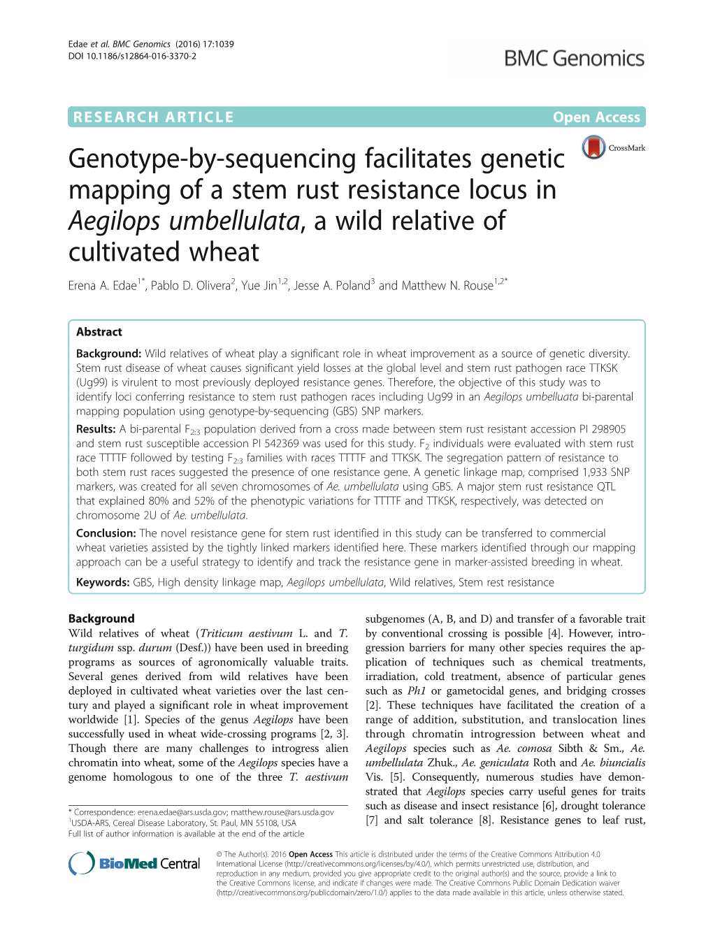 Genotype-By-Sequencing Facilitates Genetic Mapping of a Stem Rust Resistance Locus in Aegilops Umbellulata, a Wild Relative of Cultivated Wheat Erena A