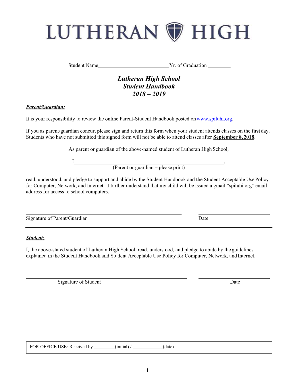 Lutheran High School Student Handbook 2018 – 2019