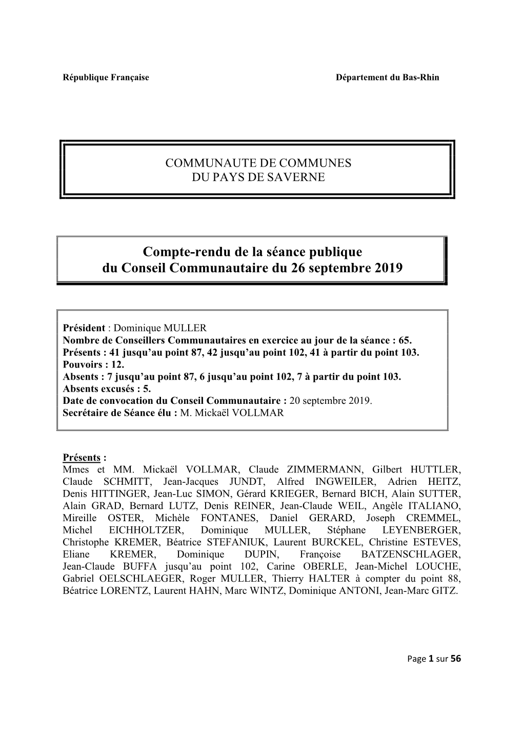 Compte-Rendu De La Séance Publique Du Conseil Communautaire Du 26