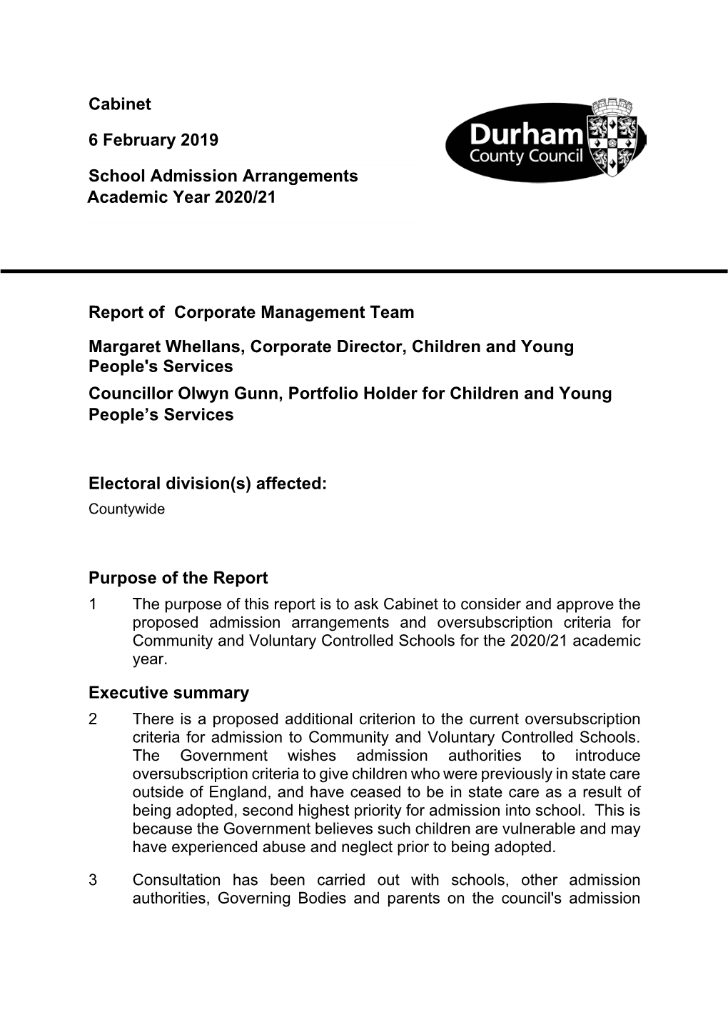 Cabinet 6 February 2019 School Admission Arrangements Academic