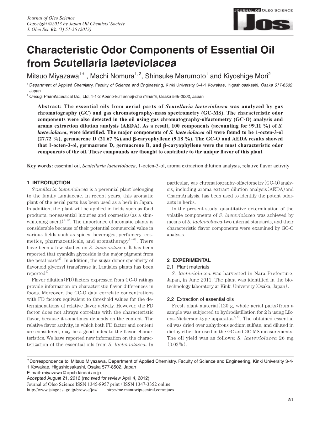 Characteristic Odor Components of Essential Oil from Scutellaria Laeteviolacea