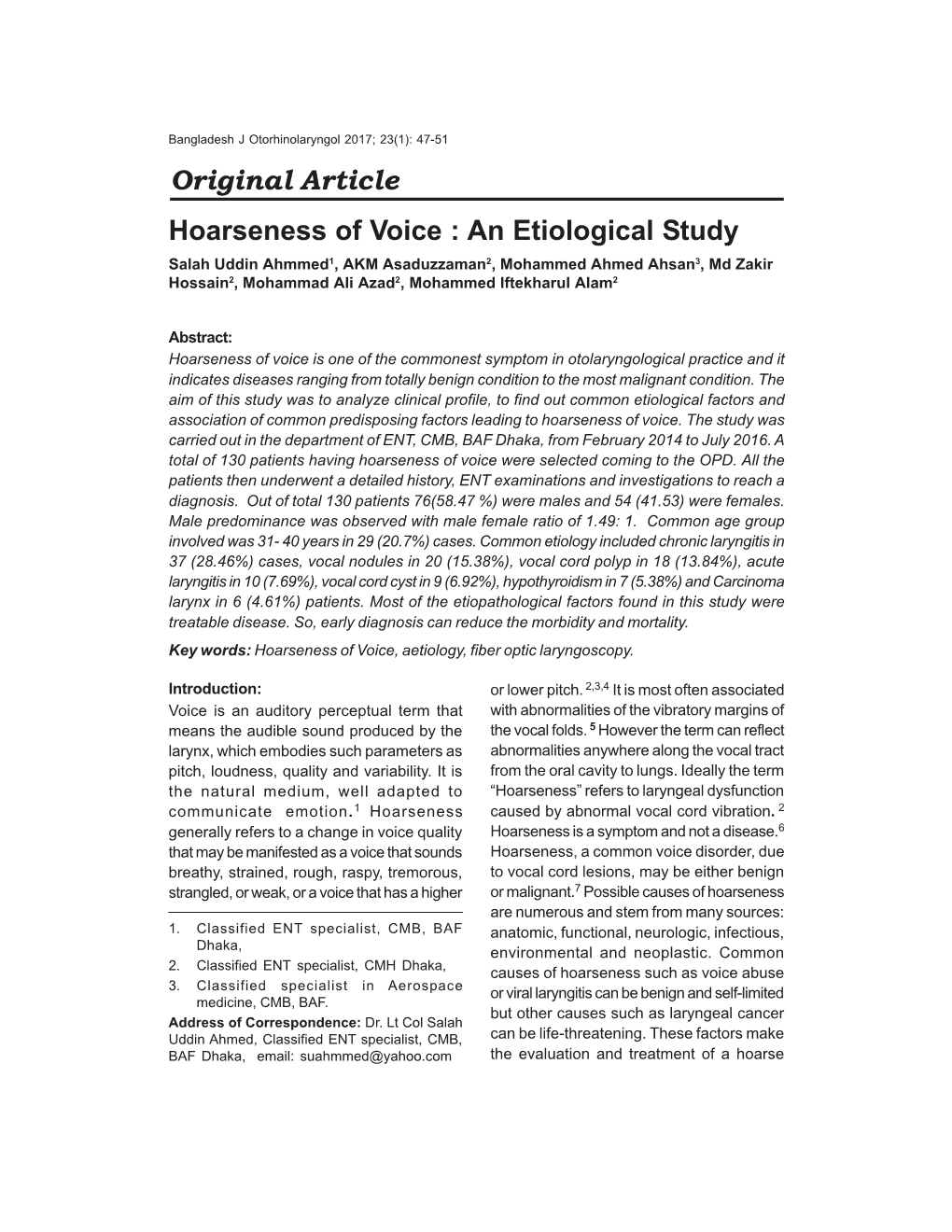 Original Article Hoarseness of Voice