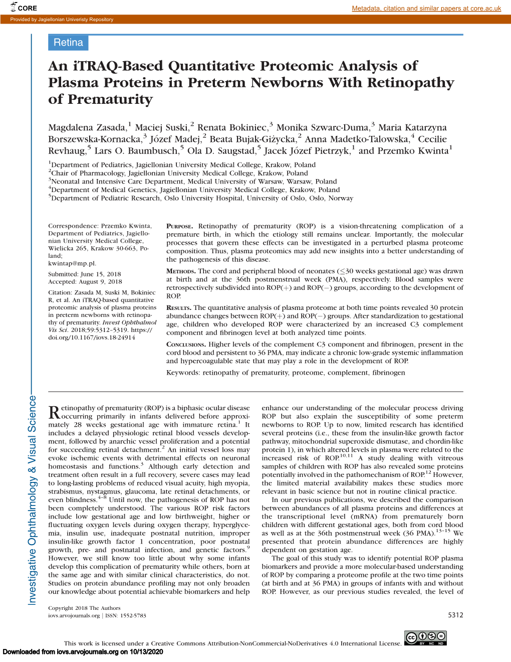 An Itraq-Based Quantitative Proteomic Analysis of Plasma Proteins in Preterm Newborns with Retinopathy of Prematurity