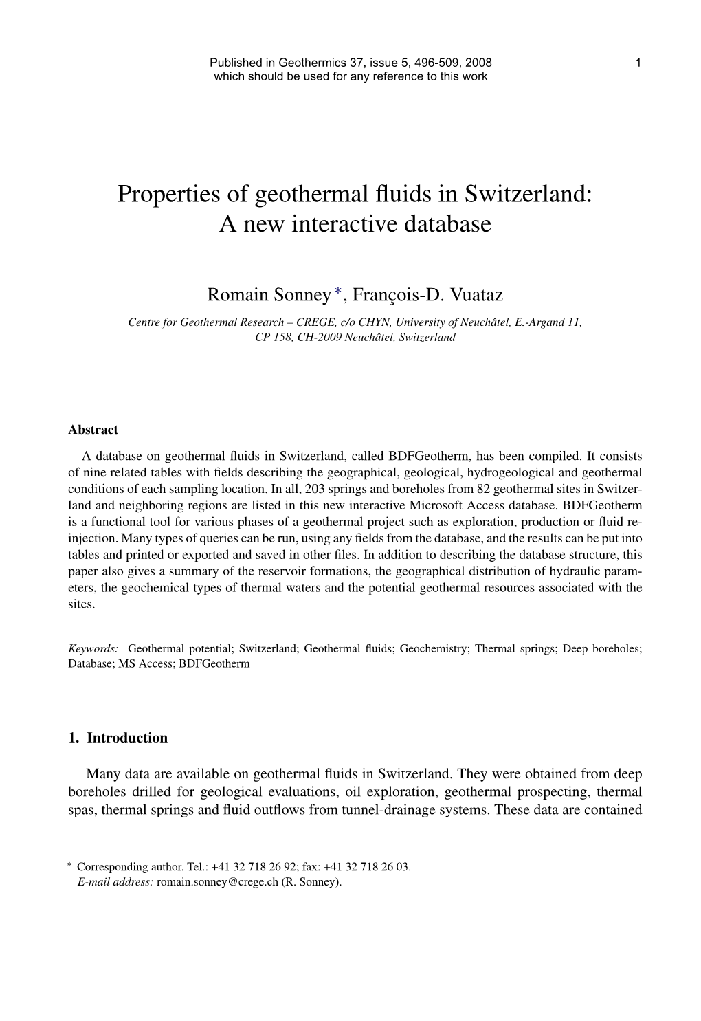 Properties of Geothermal Fluids in Switzerland