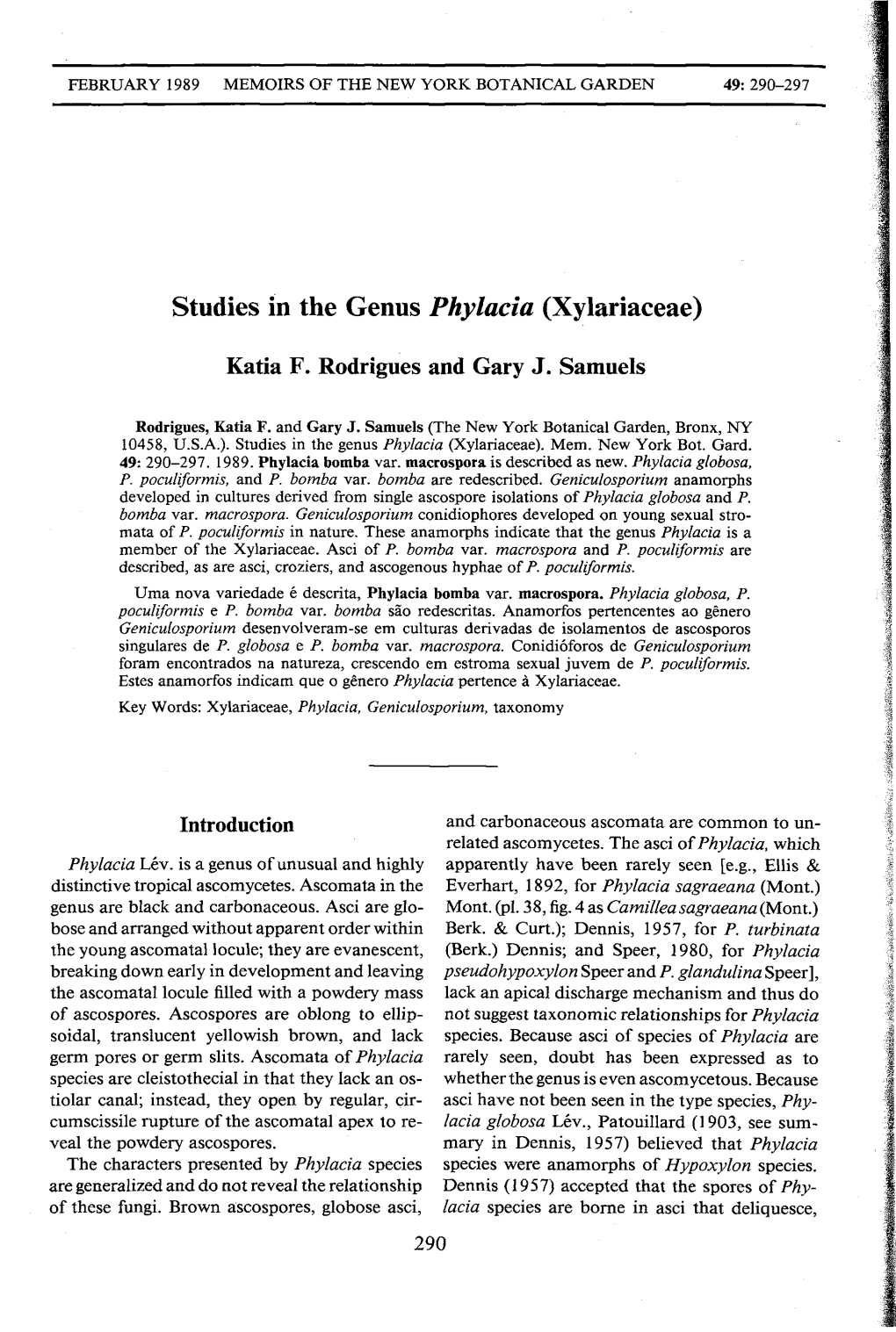 Studies in the Genus Phylacia (Xylariaceae)