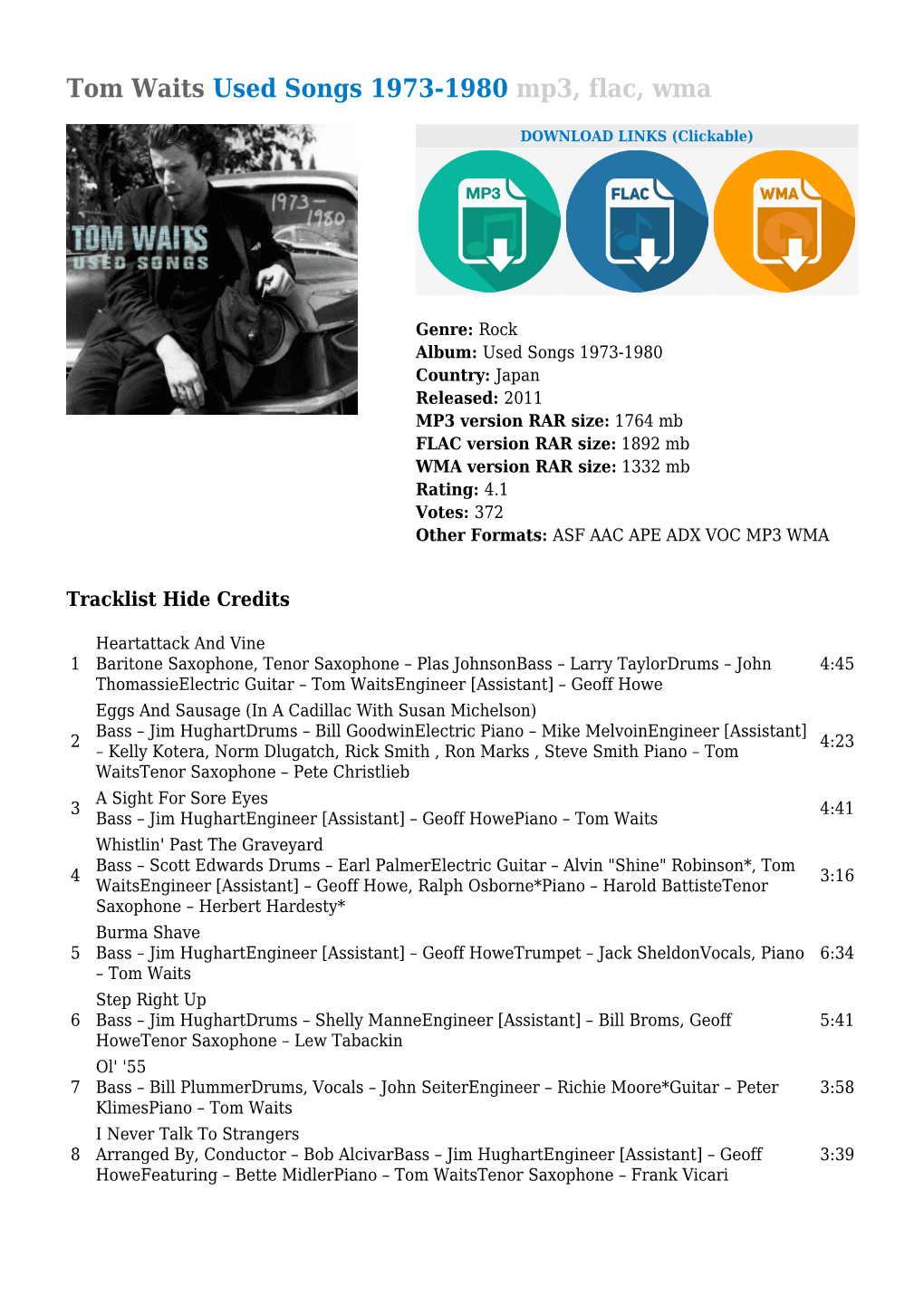 Tom Waits Used Songs 1973-1980 Mp3, Flac, Wma