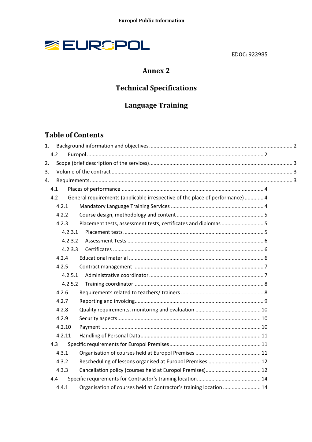 Annex 2 Technical Specifications Language Training Table of Contents