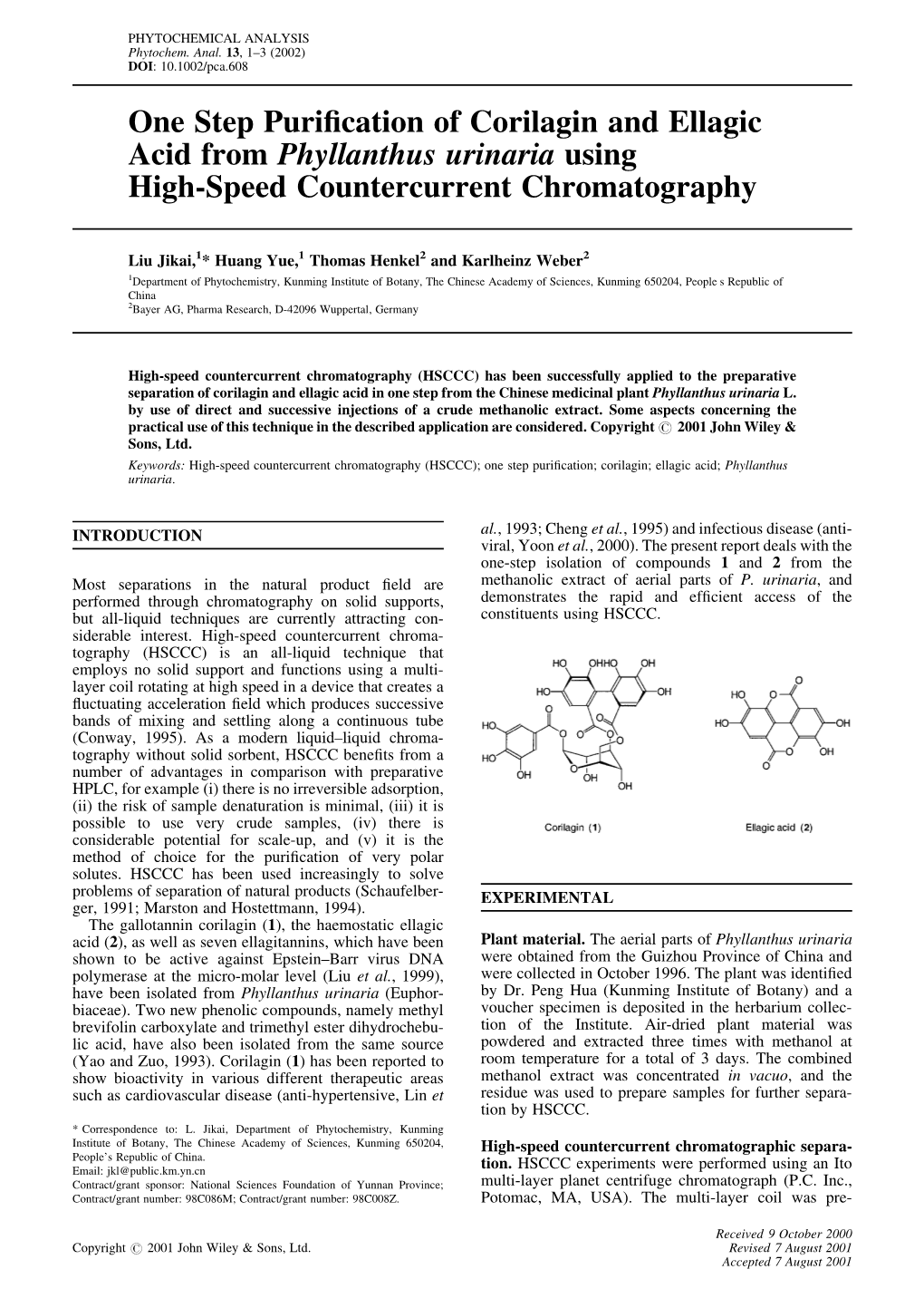 One Step Purification of Corilagin and Ellagic Acid from Phyllanthus