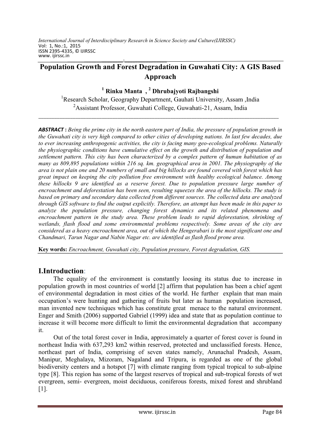 Population Growth and Forest Degradation in Guwahati City: a GIS Based Approach I.Introduction