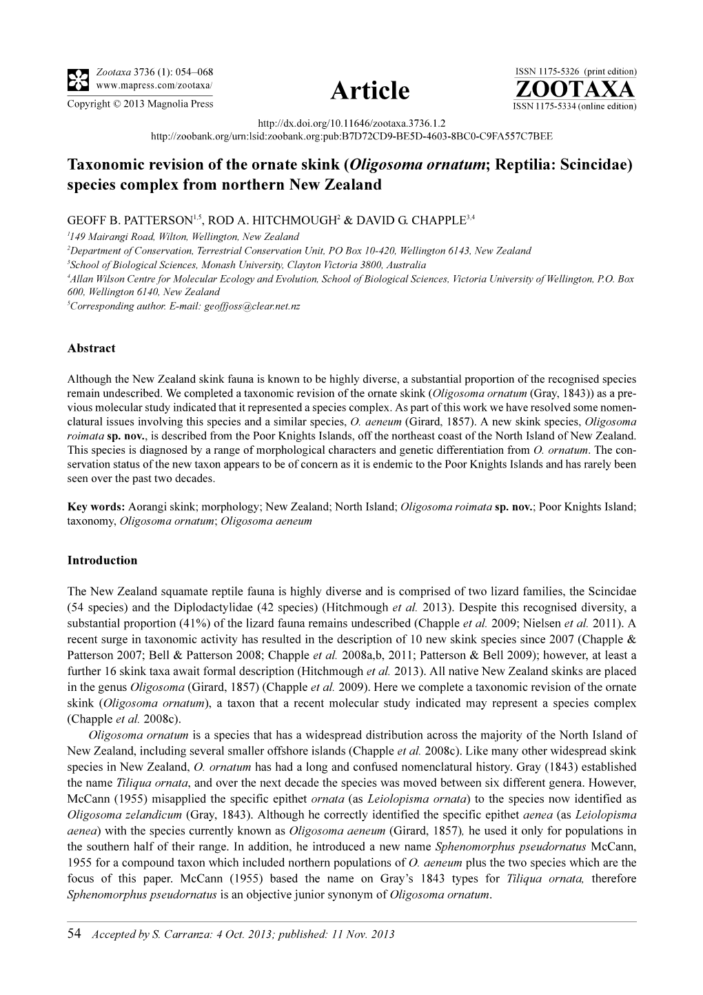 Oligosoma Ornatum; Reptilia: Scincidae) Species Complex from Northern New Zealand